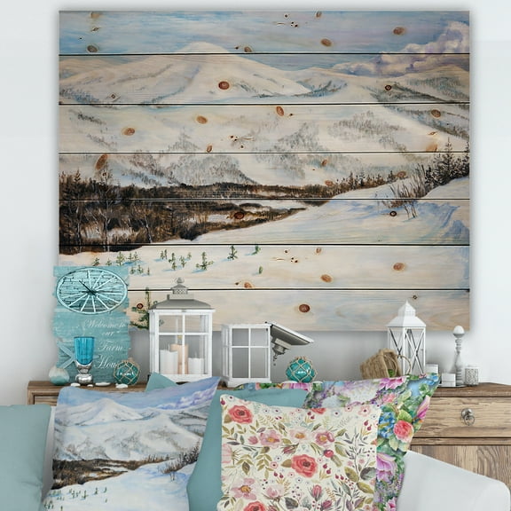 Designart 'Snow-Capped Mountains With Winter Landscape' Traditional Print on Natural Pine Wood