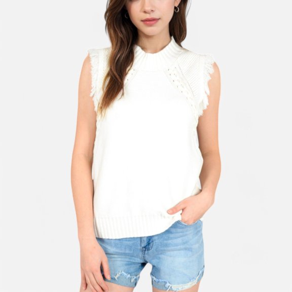 Women's Sleeveless Knit Sweater Top with Fringe Shoulder Detail - X Large, White