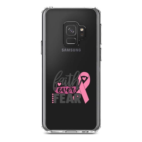DistinctInk Clear Shockproof Hybrid Case for Samsung Galaxy S9 (5.8" Screen) - TPU Bumper Acrylic Back Tempered Glass Screen Protector - Pink Ribbon Cancer - Faith Over Fear