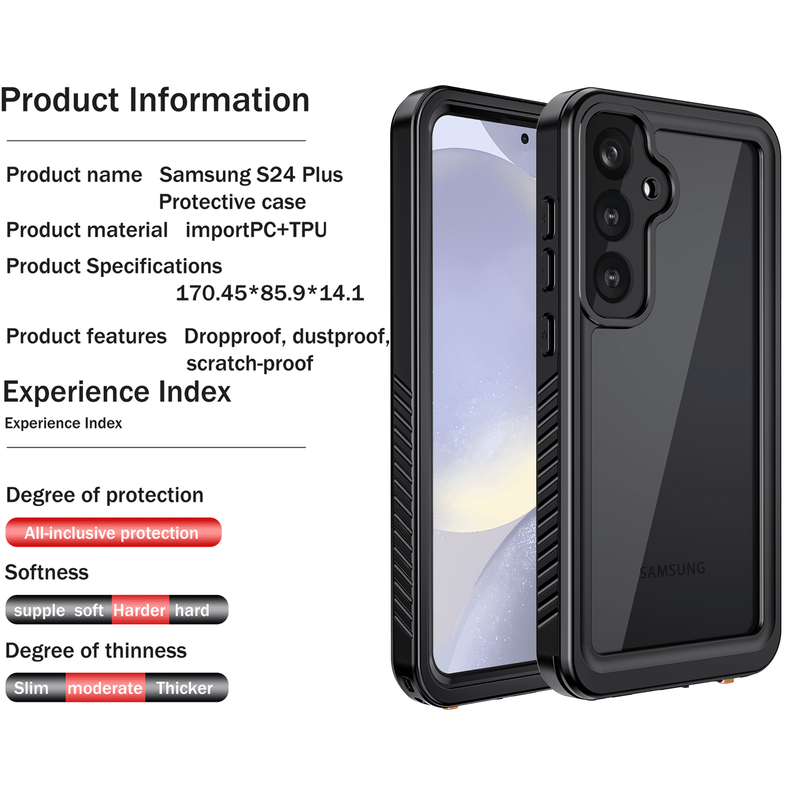 Casetego For Samsung Galaxy S24 Plus Case,IP68 Waterproof 14FT Underwater Dustproof Shockproof Rugged with Built-in Screen Protector Full Protect Phone Cover with Lanyard,Black