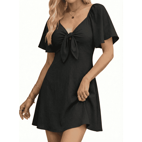 MLDRA Summer Dresses for Women Bow Tie V Neck Elegant Mini Sundress Black Dress Flowy Ruffle Short Sleeve Cocktail Dress