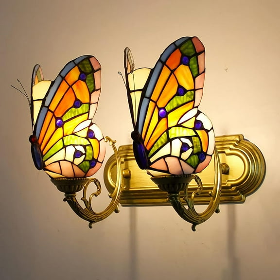 Artistic Butterfly Wall Sconces, Stained Glass Kid's Room Night Light, Dimmable Modern Retro Crystal Wall Light for Living Room Bathroom Hallway Bedroom Bedside Lamp,2 Light m