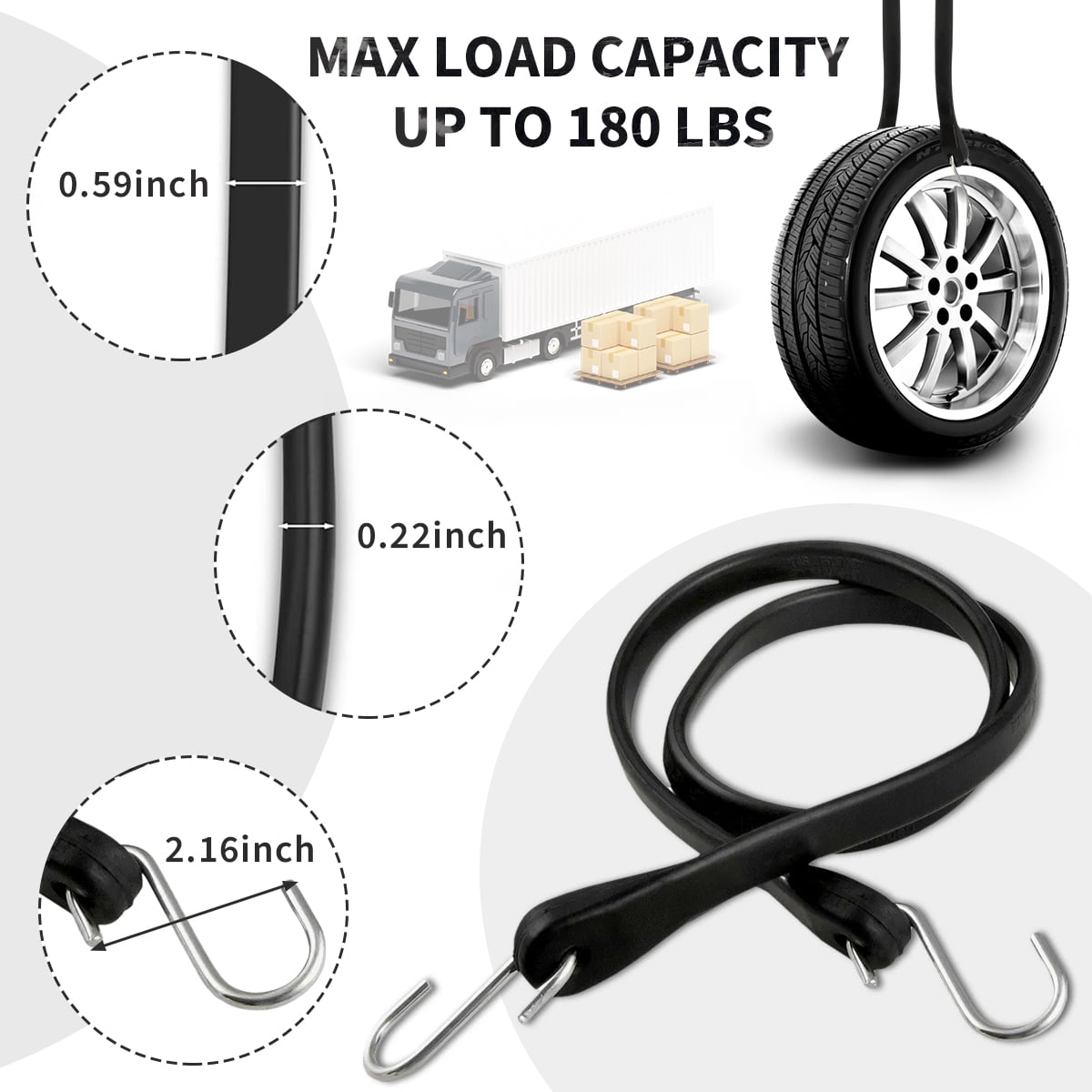 Kabuer Heavy-Duty Rubber Bungee Cords with S-Hooks, Black, 10-Pack
