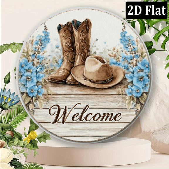 2D Flat, 1pc Western Welcome Wreath Sign - 8x8 Inch Round Aluminum Metal Rustic Vintage Wall Decor with Cowboy Boots, Floral Plank Design, Waterproof HD Printing, for Easy Hanging - Indoor