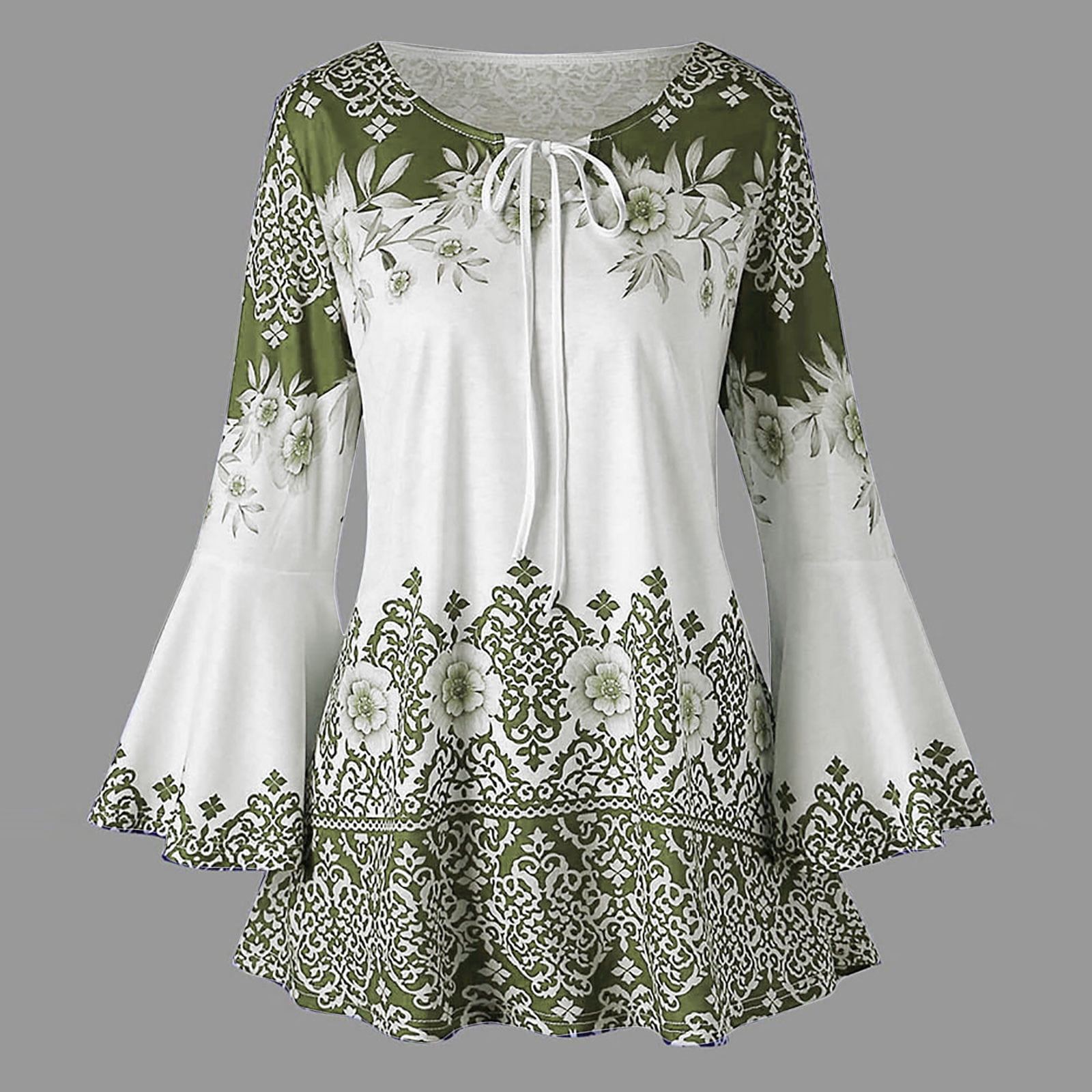 HWRETIE Fashion Womens Plus Size Printed Flare Sleeve Tops Blouses