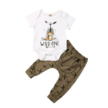 

jaweiw Summer Newborn Baby Boy Girls Casual Outfits Clothes Set Animal Print Short Sleeve Romper+Cross Print Pants Size 0 6 9 12 18 M