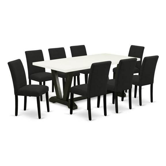 East West Furniture 9-Piece Dinette Set Includes 8 Mid Century Dining Chairs with Upholstered Seat and High Back and a Rectangular Wood Dining Table - Black Finish