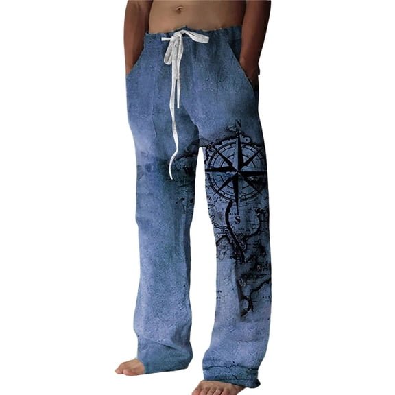 CONZONE Men's Baggy Linen Pants Wide Leg Pants for Men Trendy Elastic Waist Viking Mythology Graphic Y2K Soft Streetwear Joggers With Pocket