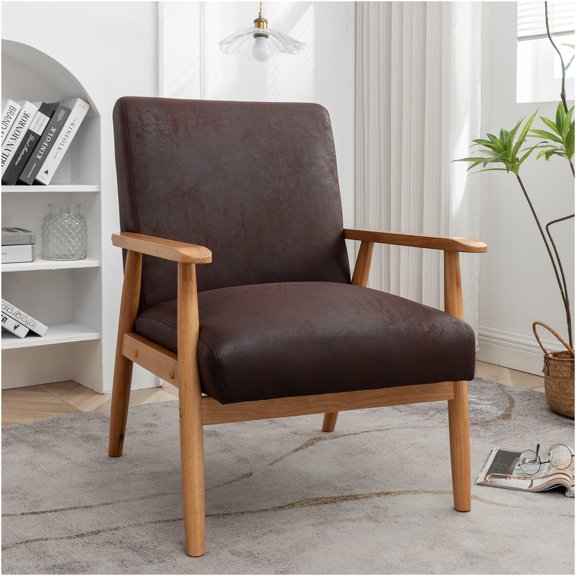 JERFIT Mid-Century Modern Armchair with Microfiber Upholstery, Dark Brown Accent Chair for Living Room