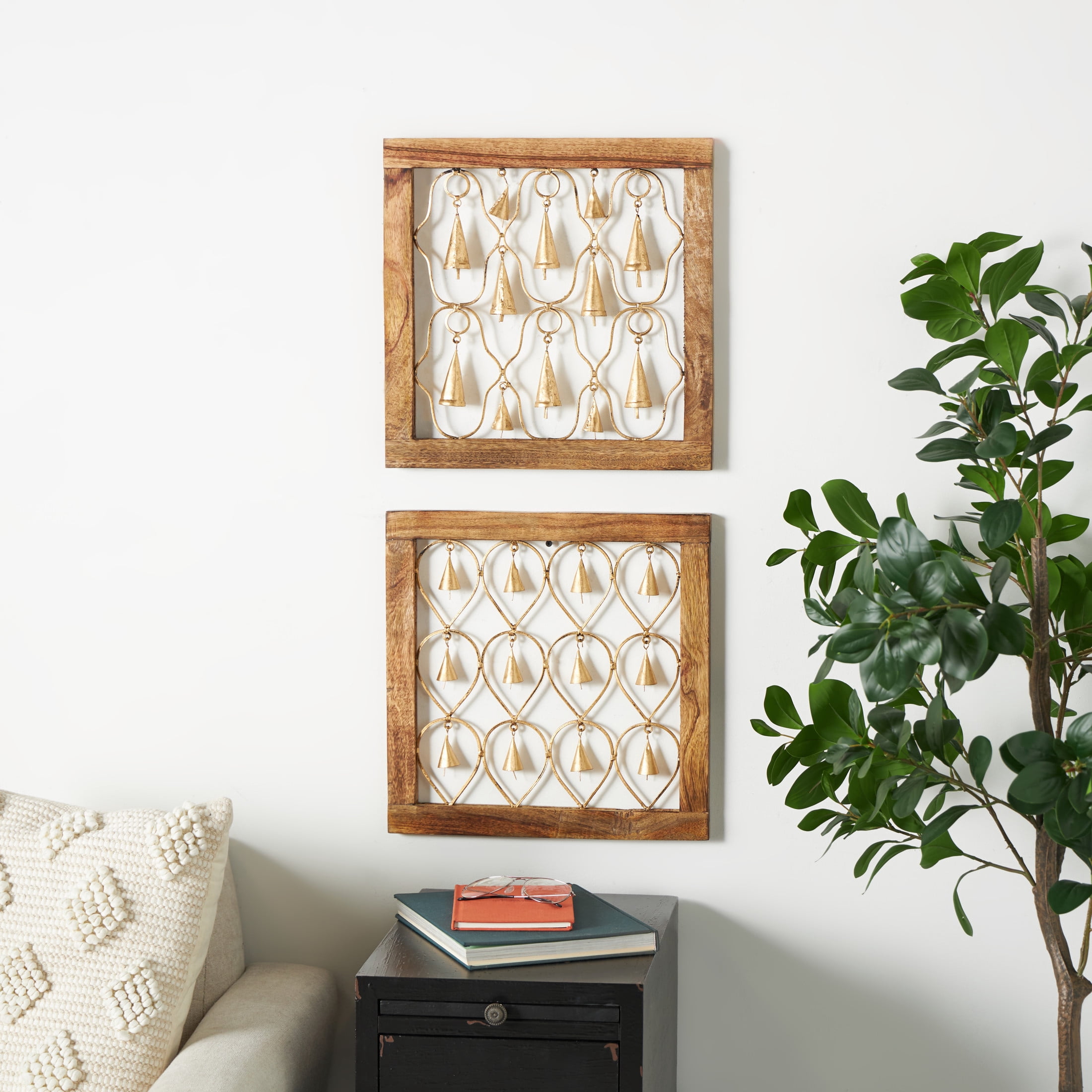 DecMode Wood Farmhouse Hanging Brown Decorative Bells in a  Square Frame with Tanished Brass Finish,  Set of 2 16"W x 16"H