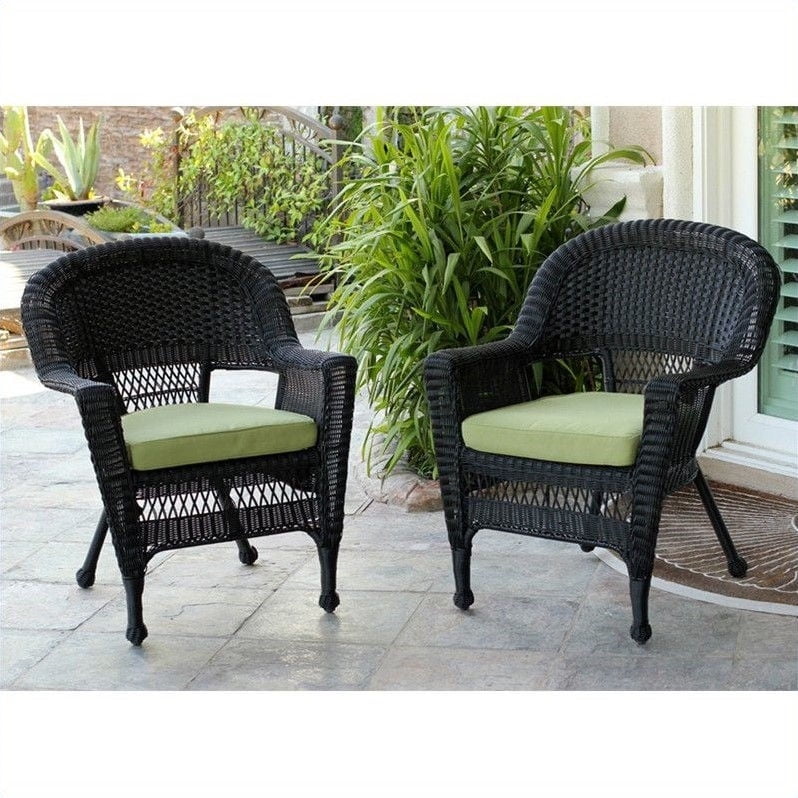 Jeco Outdoor Woven Wicker Patio Chair in Black with Green Cushion (Set