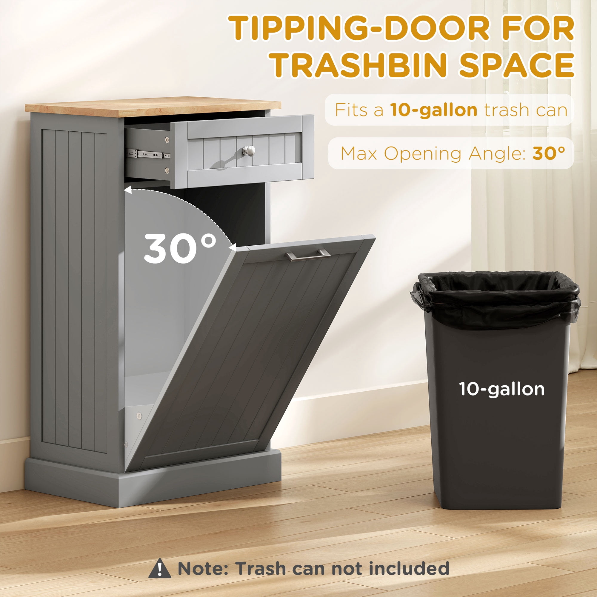 HOQBN 10 Gallon Tilt Out Trash Cabinet, Wooden Hidden Trash Can with Storage Drawer for Kitchen, Laundry Hamper Cabinet for Bathroom, Gray