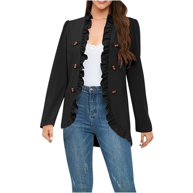 Yuyuzo Jackets for Women Blazer Long Sleeve Open Front Ruffle Button Suit Fall Solid Color Outwear