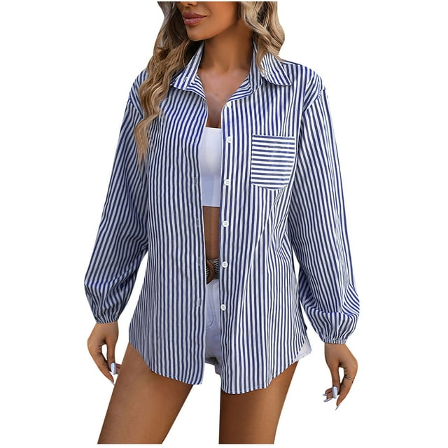 FAIWAD Womens Shirts Long Sleeve Button Down Lapel Shirts Striped Print Business Work Shirts with Pockets