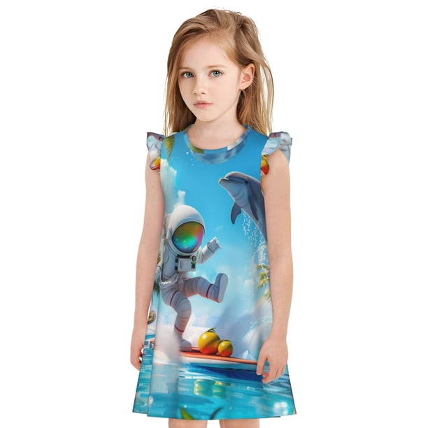 Balery Astronaut Tropical Dolphin Camisón de princesa para niñas, pijama de algodón con mangas abullonadas, suave y bonito.-XX-Large