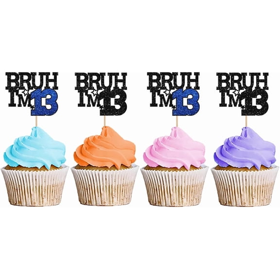 Black & Blue Glitter Bruh I'm 13 Cupcake Toppers, 12 Count Funny 13th Birthday Cupcake Picks, Teen Boys 13 Year Old Birthday Party Cake Decorations