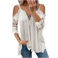 thumbnail image 2 of ICHUANYI Clearance Women Casual Lace Half SleeveＶ-Neck Zipper Hollow Out T-Shirt Blouse Tops(White, S) ICHUANYI WER2023080705967, 2 of 5