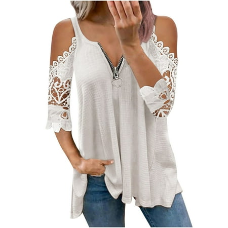

Women Casual Lace Half SleeveＶ-Neck Zipper Hollow Out T-Shirt Blouse Tops