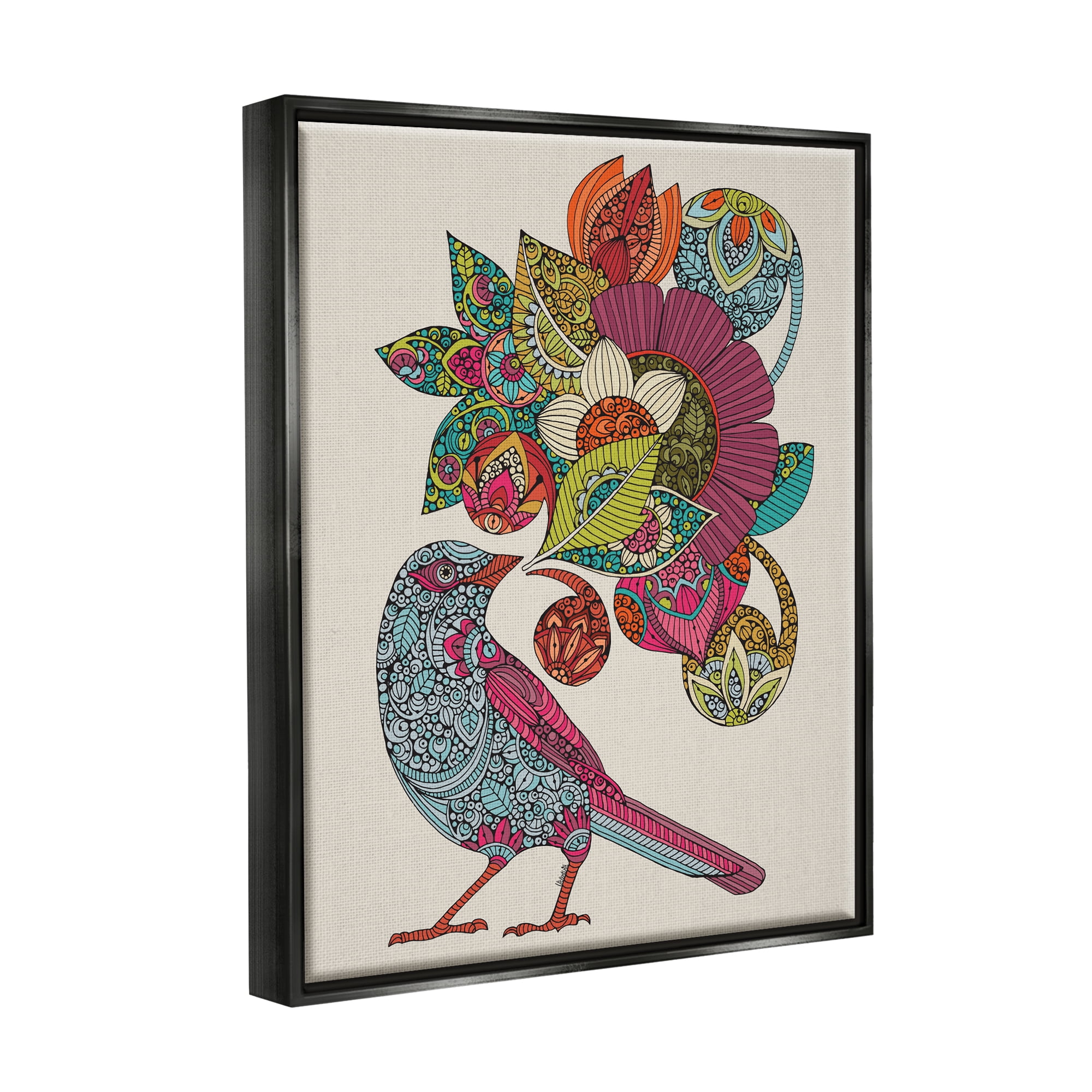 Stupell Industries Abstract Song Bird Paisley Pattern Floral Mandala Graphic Art Jet Black Floating Framed Canvas Print Wall Art, Design by Valentina Harper
