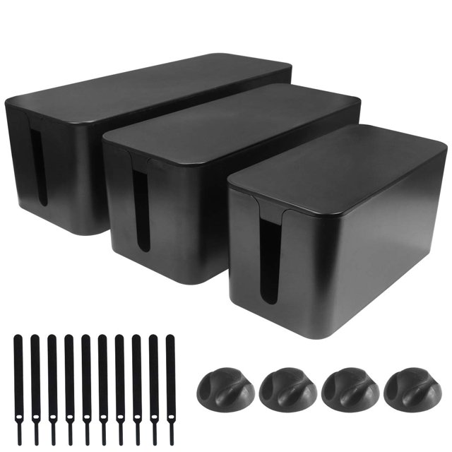Cable Management Box Set 3 Size Cable Organizer Box to Hide Wires Power Strips Electrical Cord from TVs Computers - Electrically Safe ABS Material Cord Organizer Box Cable Box Organizer Cord Box Black