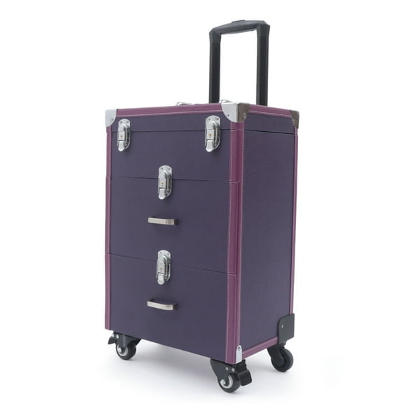Purple Waterproof Large Rolling Cosmetic Case Makeup Trolley Rolling Makeup Case
