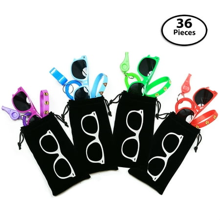 36-pcs Party Gift Favors for Kids,12 Goody Bags: Each Bag includes 12 Whistles + 12 Sunglasses + 12 Emoji Bracelets - Great Prizes