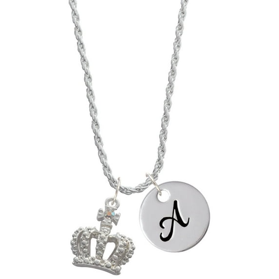 Delight Jewelry Silvertone Crown with AB Crystal Silvertone Script Initial Disc - A - Charm Necklace, 20"+3"