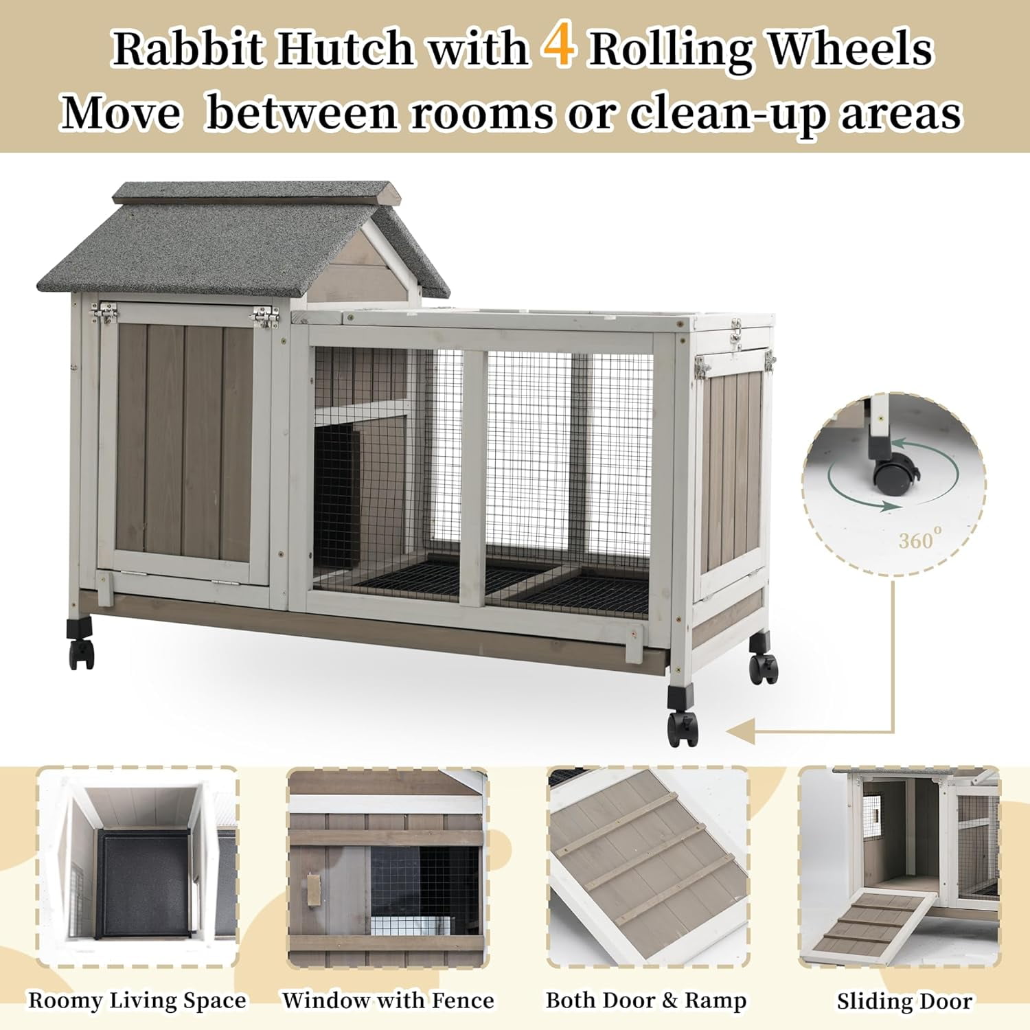 Petscosset Rabbit Hutch Indoor - Rabbit Cage Indoor Rabbit Hutch Two Story Bunny Cage Fir Wooden Rabbit Cage On Wheels, Ramp, Two Deep No Leak Indoor Rabbit Hutch with Pull Out Tray