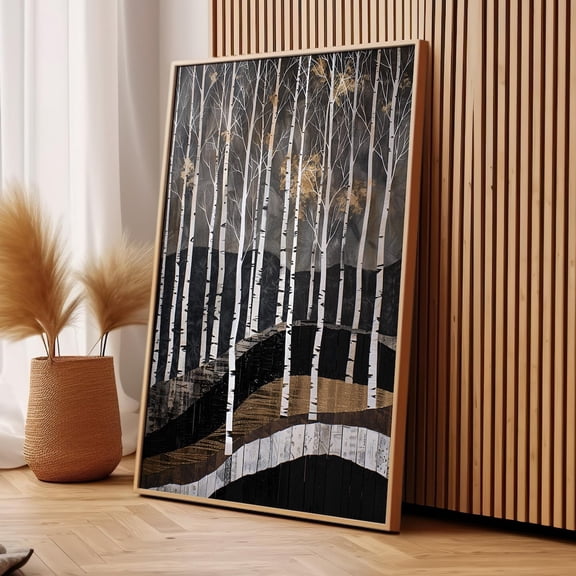 Abstract Birch Trees Dark Wall Art, Rustic Cabin Forest Decor, Unframed Paper Print Size 8x12
