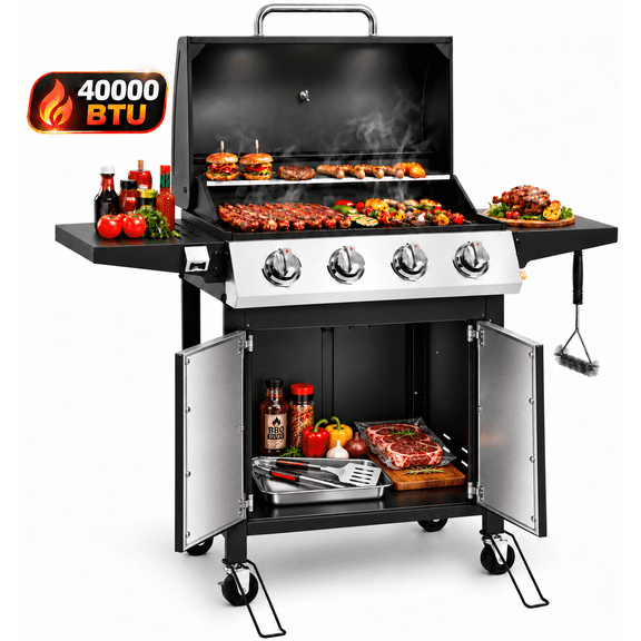 Syngar 4-Burner Propane Grill, Bbq Gas Grill with Folding Side Tables, 40000 Btu, Porcelain Grates, Easy-Clean Design, Thermometer & Bottle Opener
