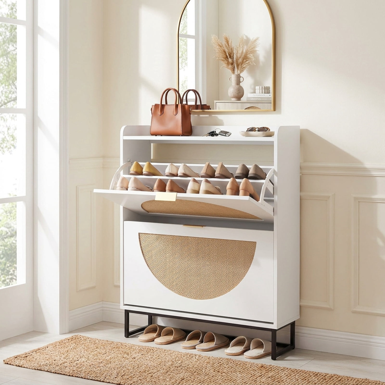 Furnibear Tall Narrow Shoe Storage Cabinet with 2 Flip Drawers Adjustable Removable Shelves and Faux Rattan Doors for Entryway and Apartment, White