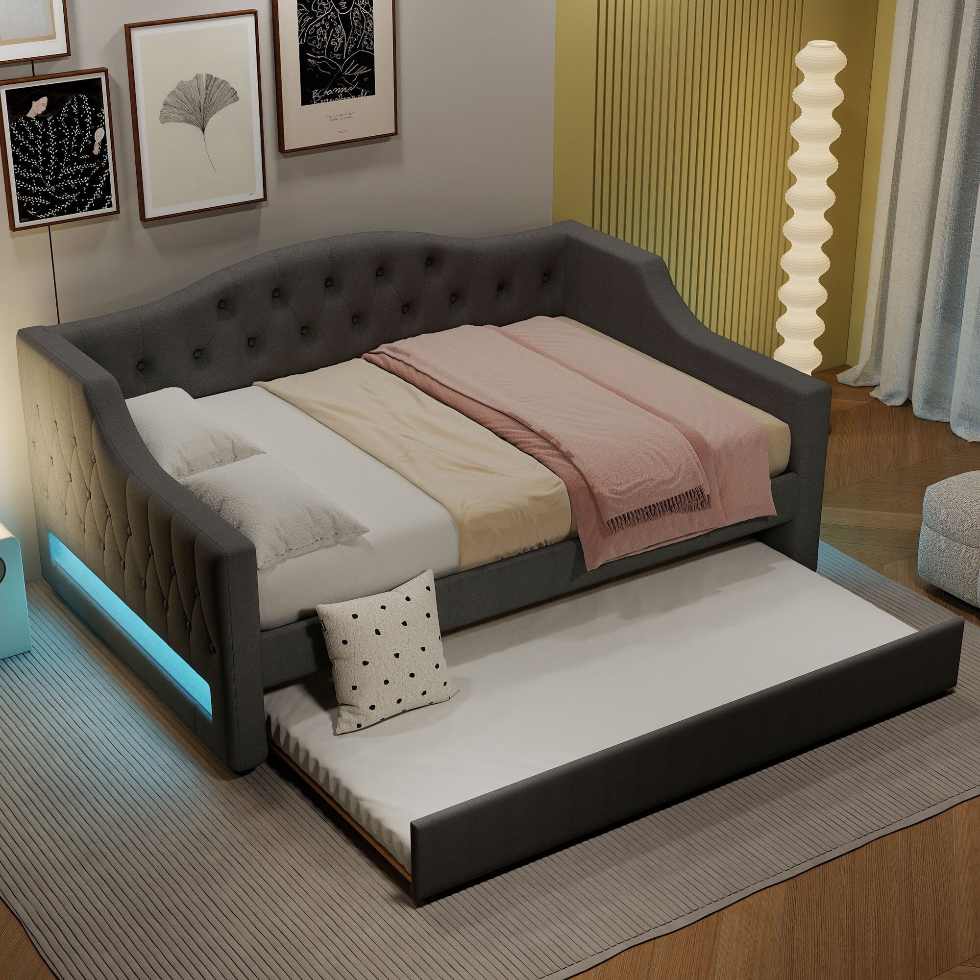 Euroco Upholstery Full XL Daybed with Trundle and LED Light, Gray