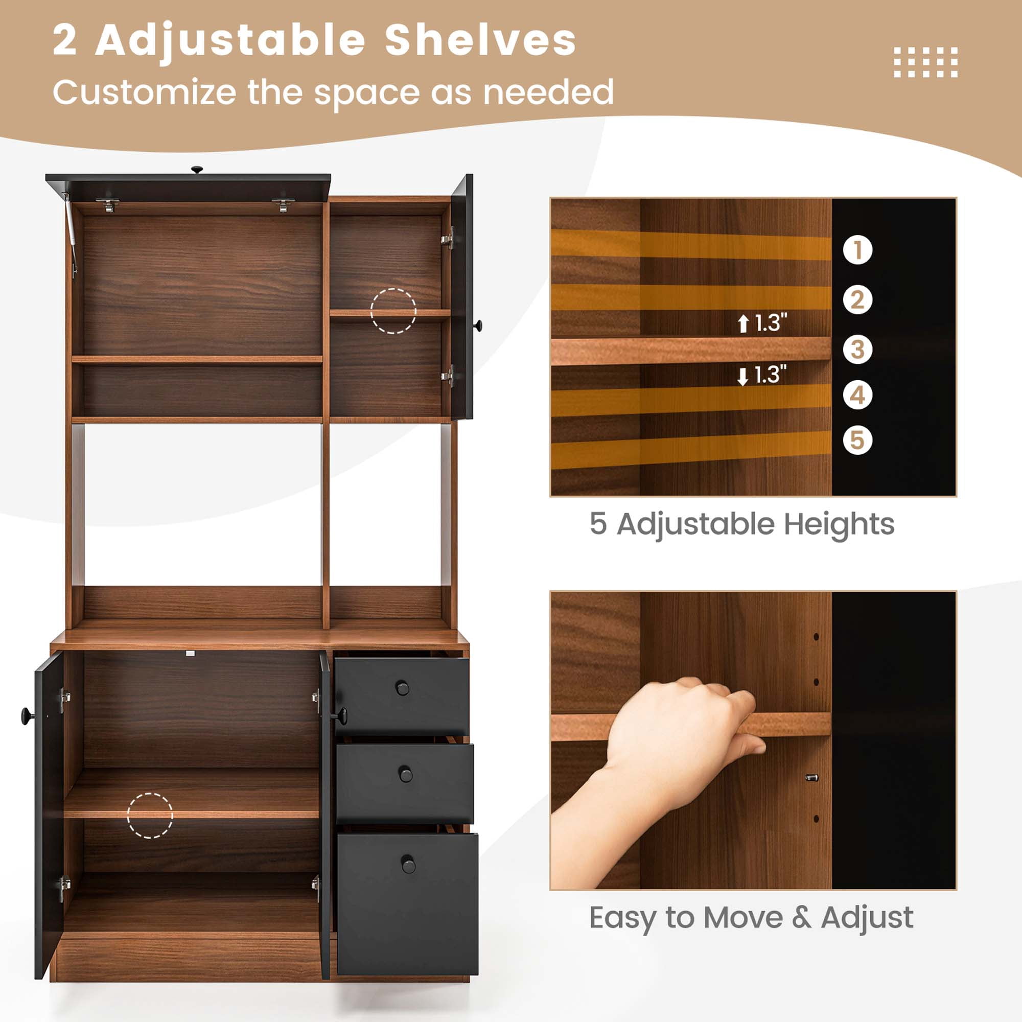 Costway 71'' Tall Kitchen Pantry Buffet Hutch Freestanding Storage Cabinet 4 Doors Walnut