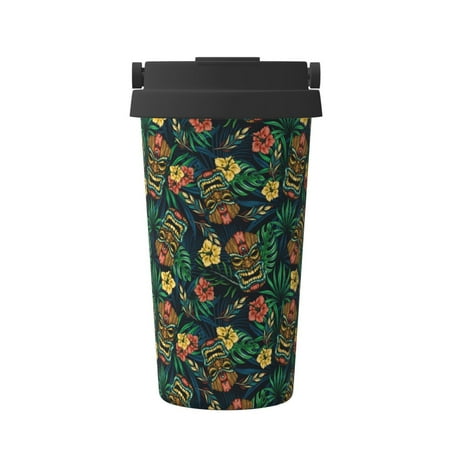 

Uemuo Hawaiian Tribal Mask Print Carry Insulated Coffee Mug Travel Mug with Hidden Handle Insulated Coffee Flask Leak-proof Travel Mug Insulated Mug for Office