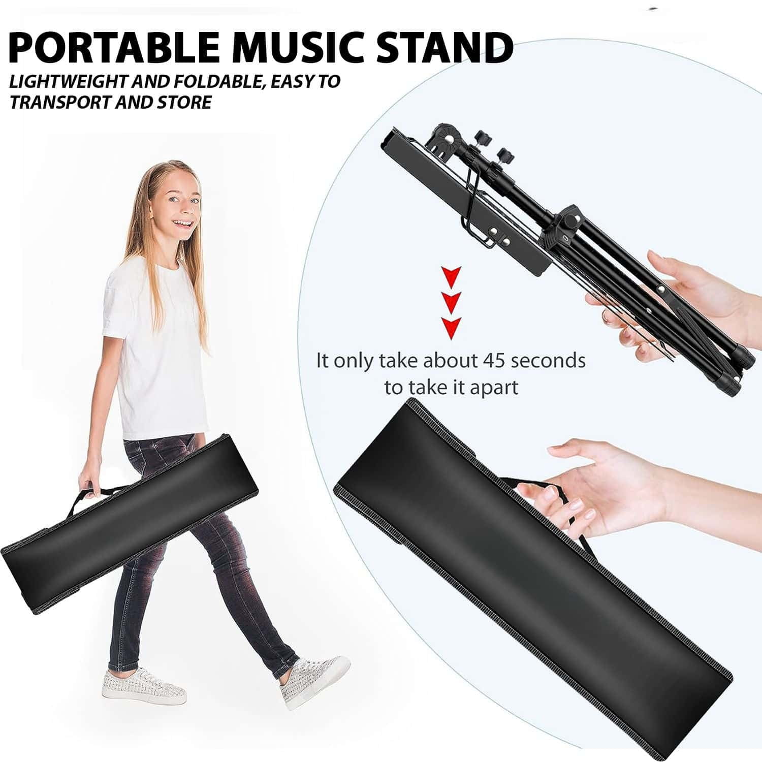 Black Portable Music Stand, Adjustable and Foldable Desktop Bookshelf, Sturdy and Stable, with Anti-slip Pads, Equipped with Storage Bag, Suitable for Schools and Choirs.