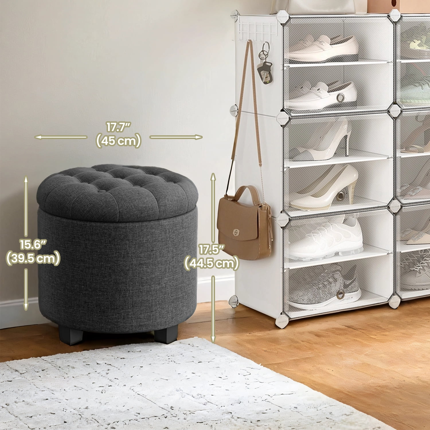 LEDREM Round Storage Ottoman - 17.7" Foot Rest with Hidden Storage, 330lb Capacity, Linen-Look Upholstery, Non-Slip Feet - for Living Room, Bedroom, Dark Gray
