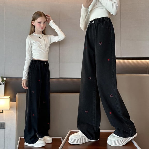 ITSAME Kids Girls Denim Pants, Straight Fit Wide Leg with Pocket Heart Embroidery Trendy Jeans Blue 10-11T