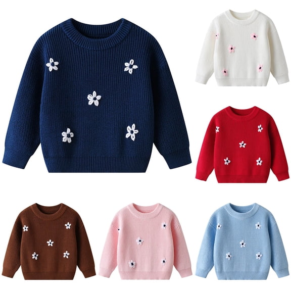 Afdoent Girls Sweaters Embroidered Flower Knitted Sweater for Kids Soft Pullover Top for and Cozy Fall Winter Daily Wear 7-8 Years