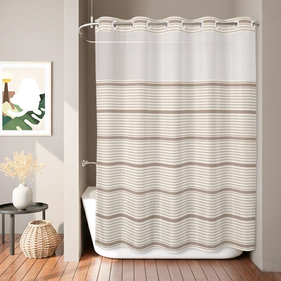No Hook Shower Curtain, Beige Stripes Shower Curtains for Bathroom with See Through Top Window, Farmhouse Striped Modern Aesthetics Waterproof & Washable Bath Curtain Extra Long 72"x84"