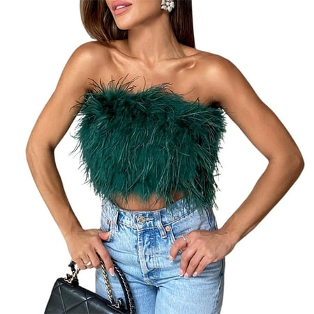 

CHRONSTYLE Fur Feather Tank Cropped Chic Summer Women Strapless Off Shoulder Tube Tops Solid Backless Bustiers Streetwear 2022