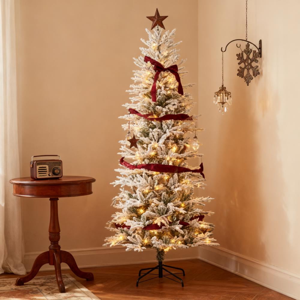 7.5ft Prelit Snow Flocked Christmas Tree with 350 Clear Lights 850 Tips Auto-Open Branches Indoor Decor