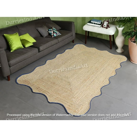 Natural Jute Scalloped Rug, Bohemian Rug, Natural Jute Moroccan Inspired Rug Hand Woven Bohemian Decor Inspired, Boho Scandinavian Decor,