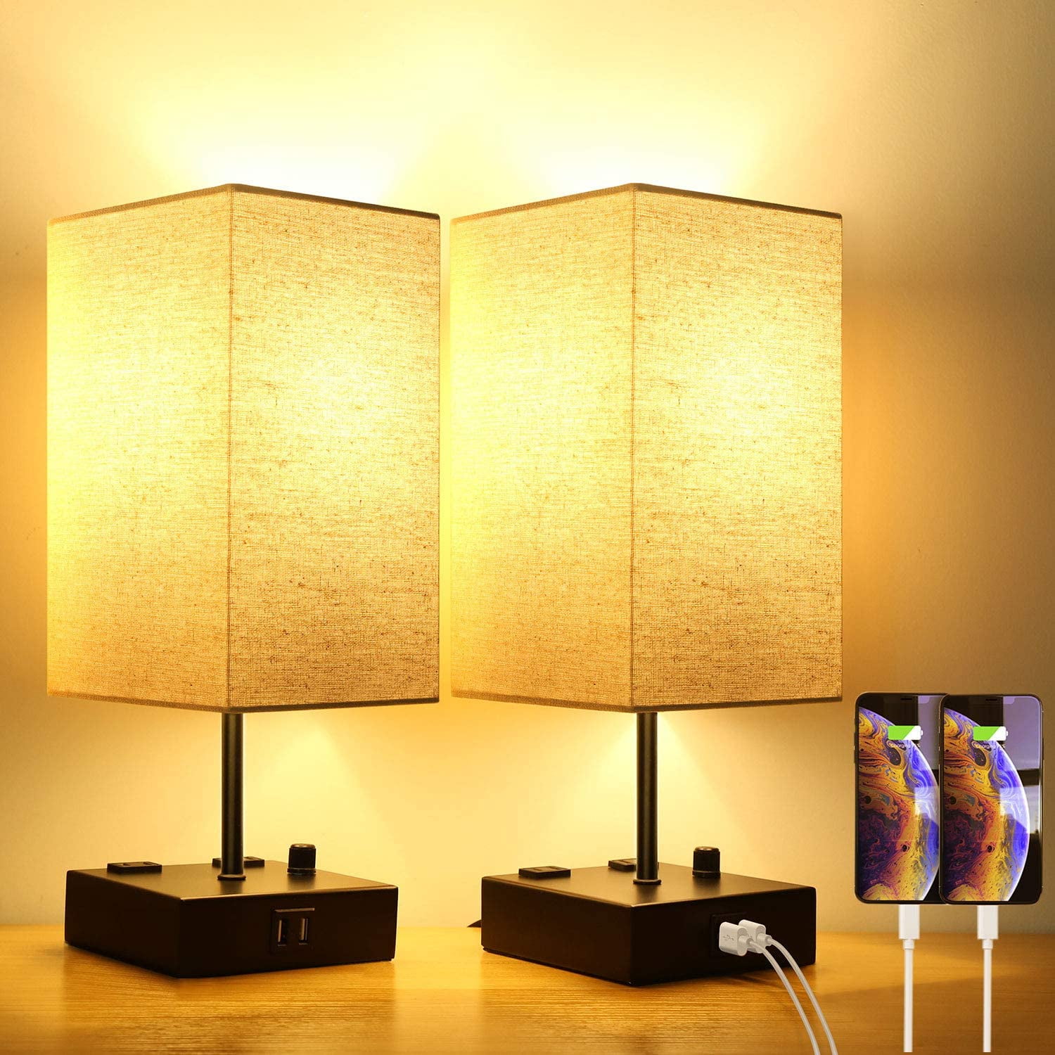 Upgraded Fully Dimmable USB Bedside Table Lamp Set of 2, Nightstand Table  Lamps with 2 USB Charging Ports 2 AC Outlets, Square Fabric Shade Modern Desk  Lamp Set for Bedroom Living Room,