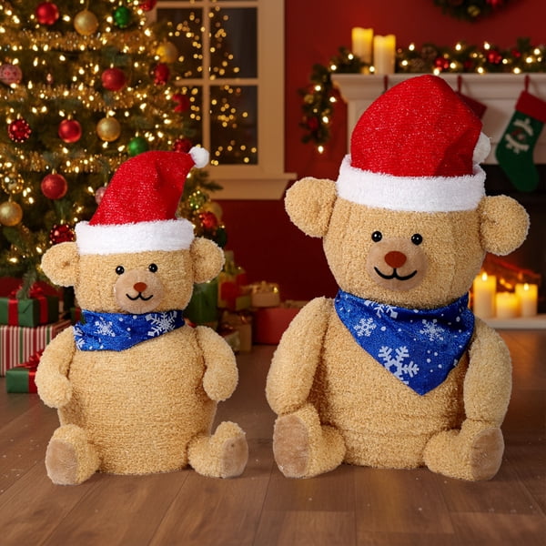 2-Pack Lighted Plush Bear Christmas Decorations, 60 Warm White LEDs, Pull-Up Design for Indoor, Outdoor, Home, Yard Use