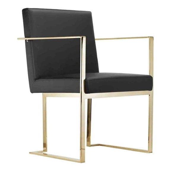 Benjara Boly 24" Dining Armchair- Plush Black Faux Leather- Gold Cantilever
