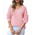 thumbnail image 3 of Women'S V Neck Hollowed Out Sweater Long Sleeve Knit Pullover Sweater Pink L, 3 of 9