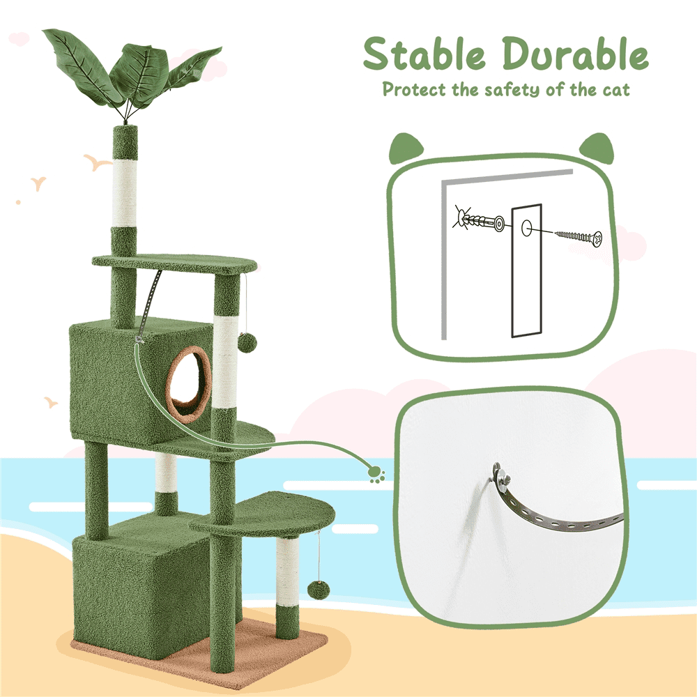 Yaheetech 59'' H Cat Tree Tower with 2 Condos & Scratching Posts, Green/Brown