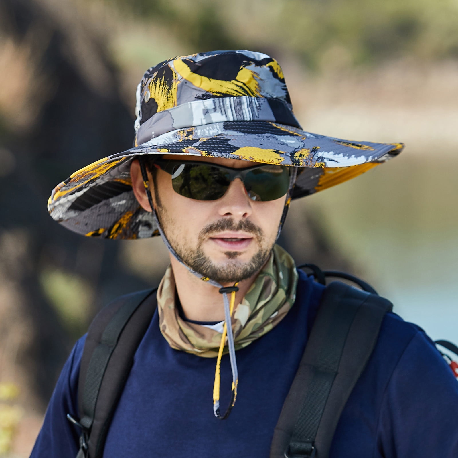 Men Mountaineering Fishing Camouflage Hood Rope Outdoor Shade Foldable  Casual Bucket Hat 