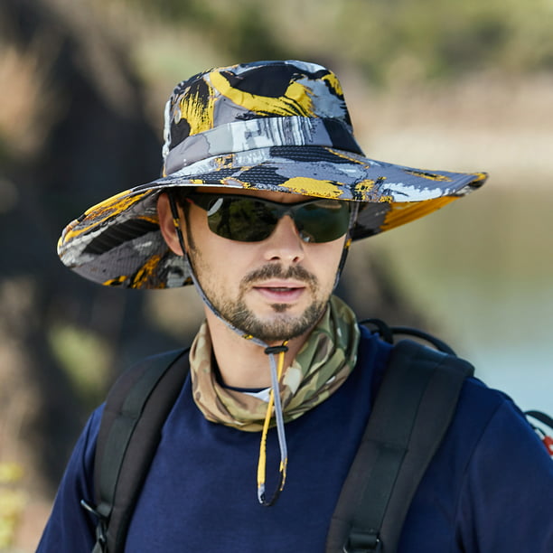 Mens Hat Adult Male Techno Cap Men Mountaineering Fishing Camouflage Hood  Rope Outdoor Shade Foldable Casual Bucket Hat Clothes(Yellow,One Size)