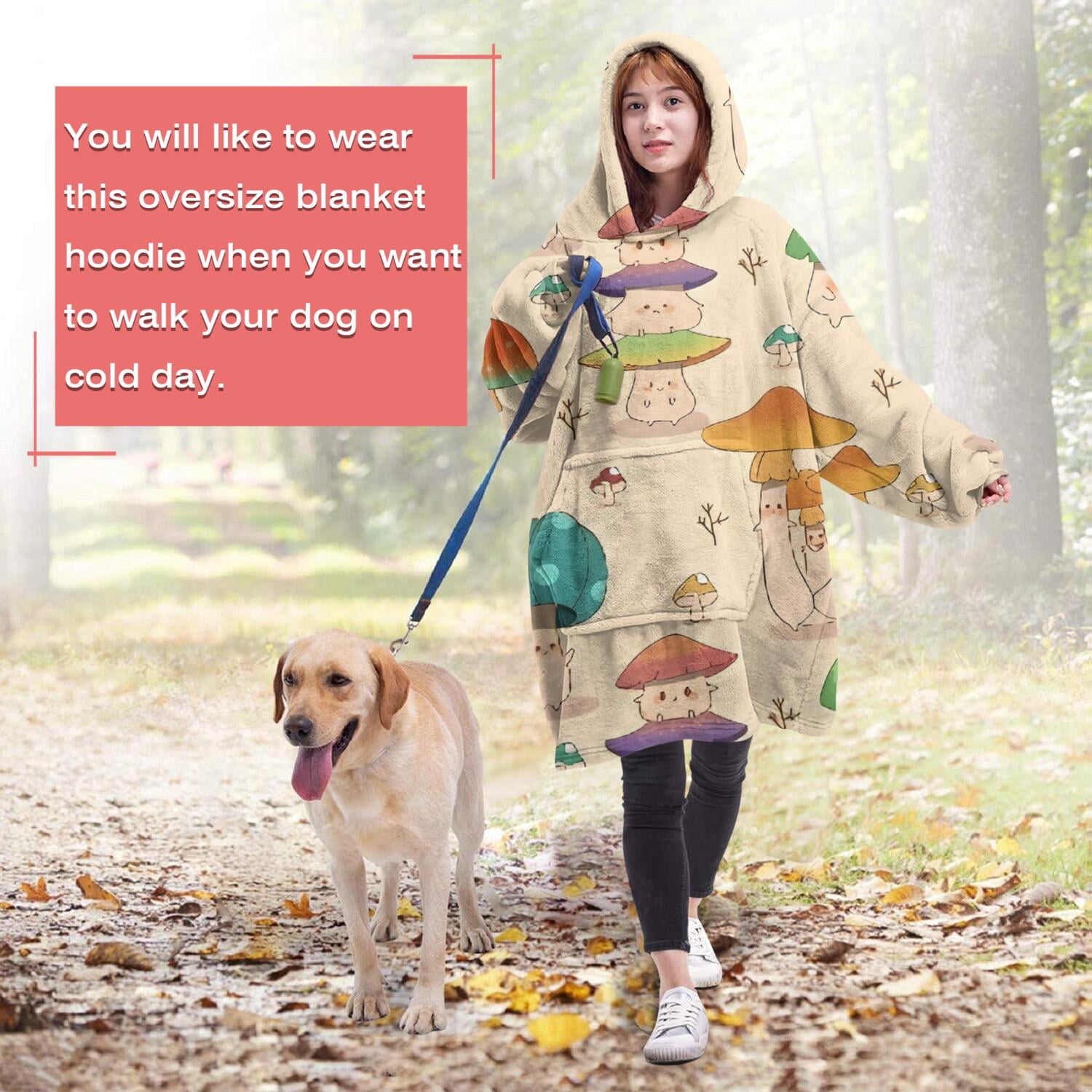 Red Mushroom Cartoon Light Pattern Wearable Oversized Blanket,Wearable Blanket Hoodie for Adults,Cozy Hooded Blankets with Super Pockets,Super Warm Fuzzy Pullover for Women & Men